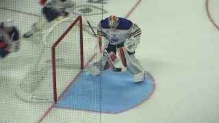 Thumbnail: Stuart Skinner warms up during the Oilers @ Senators hockey game