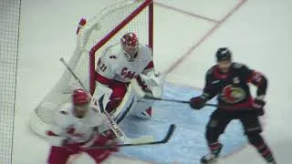 Thumbnail: Frederik Andersen in action during the Hurricanes @ Senators hockey game