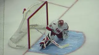 Thumbnail: Frederik Andersen warms up during the Hurricanes @ Senators hockey game