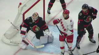 Thumbnail: Linus Ullmark in action during the Hurricanes @ Senators hockey game