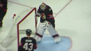 Thumbnail: Linus Ullmark warms up during the Hurricanes @ Senators hockey game