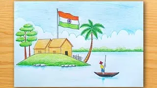 Thumbnail: Beautiful Indian Village Scenery Drawing | Independence Day Special | National Flag of India Drawing