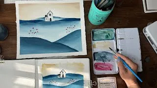 Thumbnail: Watercolor Journal 235 (Simple Folk Art Inspired Landcscape)