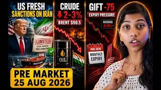 Thumbnail: US Fresh Iran Sanctions! Crude Falls 3%, But Nifty Signals Gap Down | Pre Market & 25 Aug 2026