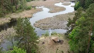 Thumbnail: A cozy night in a hot bushcraft tent under a thundercloud, river fishing