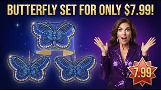 Thumbnail: Seed Beaded Butterfly Cuff Bracelet & Earrings Set in Goldtone