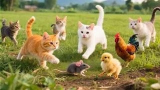 Thumbnail: Adorable kittens happily playing with farm animals on the grass - Cat sounds - Cat videos
