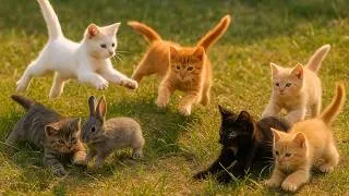Thumbnail: Adorable kittens playing with baby rabbits in a grassy field - Cat sounds - Cat videos