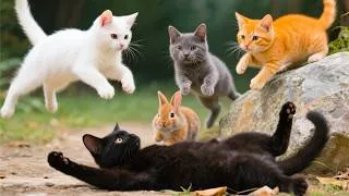 Thumbnail: Naughty kittens block the path and tease the baby rabbit - Cat sounds - Cat videos