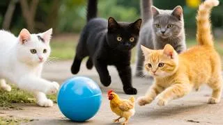 Thumbnail: Happy kittens playing with chicks on the grass - Cat sounds - Cat videos