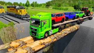 Thumbnail: McQueen Transportation Flatbed Trailer with Truck - Speedbumps vs Cars vs Train - BeamNG.Drive #5