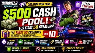 Thumbnail: gangstar mirage city live stream creator hub new task 😳 pcu 20+ kya h? mehnat barbaad ho skti h? 