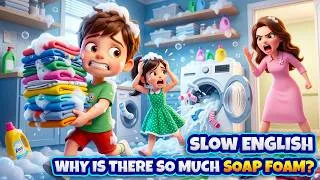Thumbnail: Tommy Used TOO MUCH Detergent… Then the Whole House EXPLODED with Bubbles! 🫧😱 | Slow English Story