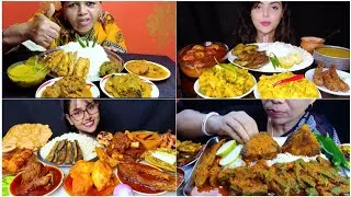 Thumbnail: MUKBANG SHOW 👌 EATING BENGALI THALI KUMRO FULER BORA 🔥 FISH CURRY EGG CURRY CHICKEN CURRY WITH RICE 
