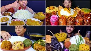 Thumbnail: MUKBANG SHOW 👌 EATING DAAL CHAWAL WITH FISH CURRY 🔥DIFFERENT TYPES OF  ACHAR AND BHARTA 🤤