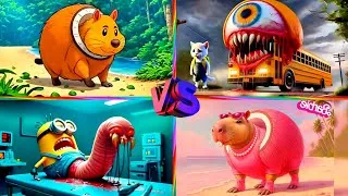 Thumbnail: SCHOOL BUS MONSTER 🆚 ANIME 🆚 BRAINROT BARBIE 🆚 MINION SNAKE | Spining Wheel - Tiles Hop EDM Rush!