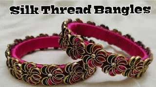 Thumbnail:  Floral Kundan silk thread Bangles Set | Pink & Green Stone bangles | silk thread bangles| Jewellery