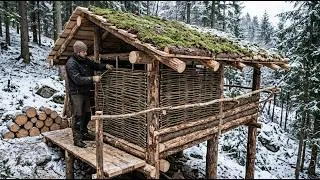 Thumbnail: Raised Above a Snowy Forest Slope Building a Moss Roof Bushcraft Shelter From Logs  Full Build