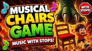 Thumbnail: Musical Chairs Game 🦖 music stops! Find a chair! #musicalchairs