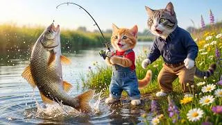 Thumbnail: 🐱🎣 Ginger Kitten Dreams of Fishing — Papa Cat Makes It Come True 💙✨