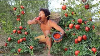 Thumbnail: Survival in the forest - Eating apple with salt peppers -  In a forest full of apples