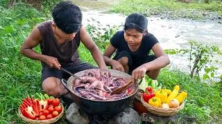 Thumbnail: Survival Skills:Octopus Cooking by the River! 🐙 Spicy Riverfront Octopus Recipe & Mukbang