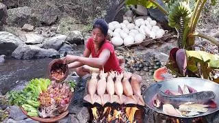 Thumbnail: Skills catch fish by hand in river, Big fish grilled for dinner, Squid salad cooking for lunch