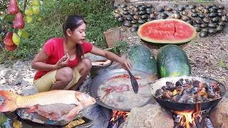 Thumbnail: Yummy! Big fish soup tasty and Rose apple for jungle food, Snail hot spicy cooking for dinner