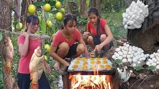 Thumbnail: Yummy! egg with mushroom cooking for dinner, Big egg fish soup chili tasty for food in forest