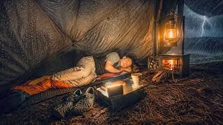 Thumbnail: HOT TENT SOLO CAMPING IN HEAVY RAIN • CAUGHT IN RAINSTORM