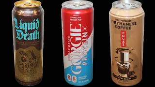 Thumbnail: Feastables Liquid Death Peanut Butter Cup, Gorgie Sparkling Rocket Pop, Pocas Vietnamese Coffee