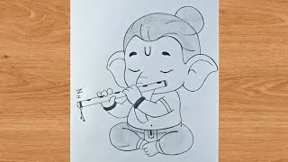 Thumbnail: Ganesha playing bansuri simple outline pencil drawing | ganpati character art