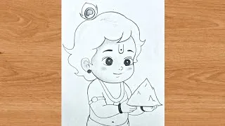 Thumbnail: Bal krishna holding mountain outline pencil drawing | god krishna art 
