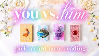 Thumbnail: 😳You VS. Him - what he *Truly* is thinking of you rn (honest af love tarot reading)🧿👀🔮✨pick a card