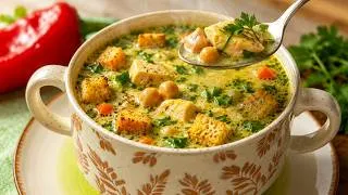 Thumbnail: Zarte Cremesuppe mit Hähnchen, Kichererbsen und Croutons 🥣🌿 Einfach und sehr lecker