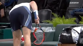 Thumbnail: Andy Murray smashes his racquet after losing to Alex De Minaur in Paris Masters 2023
