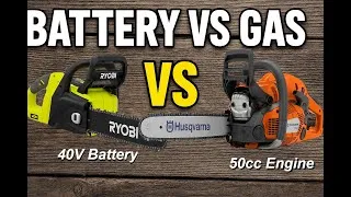 Thumbnail: Chainsaw Battle - Battery vs Gas - Ryobi 40V vs Husqvarna 550xp