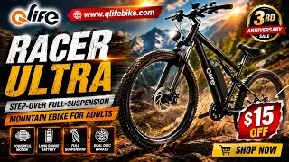 Thumbnail: QLife Racer Ultra E-Bike Review 🚴‍♀️ Is This Full Suspension Electric Mountain Bike Worth It ?