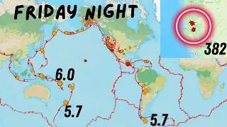 Thumbnail: Busy day of large Earthquakes worldwide.. Cascadia tremors elevated 382 counts. Friday Night.