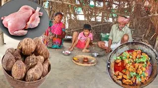 Thumbnail: CHICKEN CURRY with TARO ROOT cooking for eating lunch by santali tribe old couple