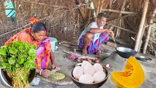 Thumbnail: EGG CURRY with PUMPKIN and SHAK VAJI cooking & eating by santali tribe couple