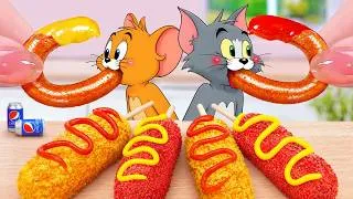 Thumbnail: Oh Tom & Jerry in Real Mini Life 🍗 Mukbang Corn Dog & Fried Chicken 🌭 Tina Mini Cooking