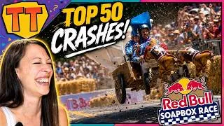 Thumbnail: Tina Tries Reacting: RedBull Soap Box Races: Top 50 Crashes