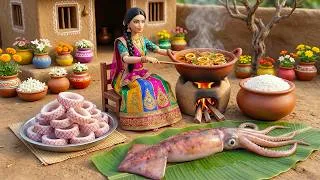 Thumbnail: Miniature Doll Family Giant Squid Koonthal Curry ASMR | Tiny Village Kitchen Feeding Whole Village