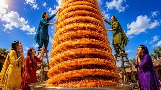 Thumbnail: 😱 5 Village Sisters Made a 20-Foot Giant Crispy Potato Spiral! 🥔🔥 #giant #villagelife 