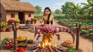 Thumbnail: Miniature Doll Cooking Giant Tandoori Crocodile & Mint Raita🐊🌶️ | Indian Village Kitchen ASMR