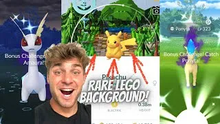 Thumbnail: ✨*EXCLUSIVE* LEGO Background Pikachu CAUGHT! 2X Shiny Shadows & 4X 100 IV Pokemon in Pokemon Go!✨