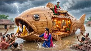 Thumbnail: ⛵ 3 Sisters Build a Giant Floating Fish House! Rescue the Entire Village & Cook Giant Fish Curry! 🐟🌊