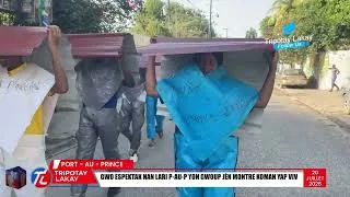 Thumbnail: Plizyè jèn fi ak jèn gason pran lari ak fèy tòl sou tèt yo pou montre leta kòman yap viv anba bandi