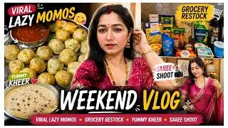 Thumbnail:     🛒🍜 Cooking Viral Lazy Momos, Grocery Restock & Saree Shoot | What I Eat + Daily Vlo